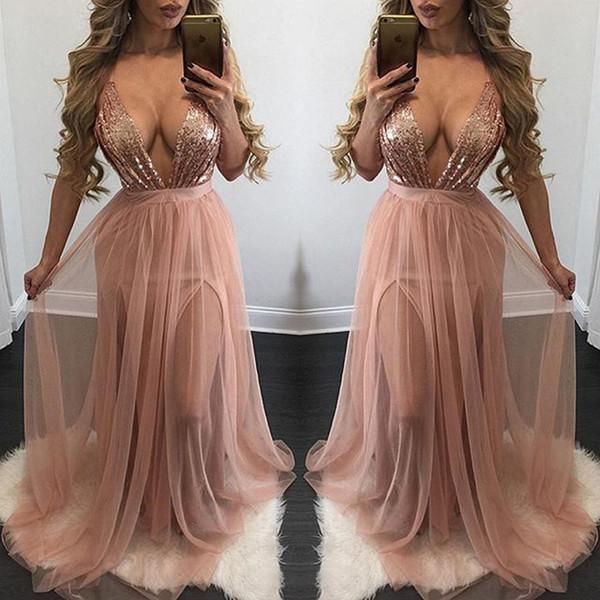 Pink and Burgundy Deep V Neck Sequin Sexy A-line Long Prom Dress, PD0312