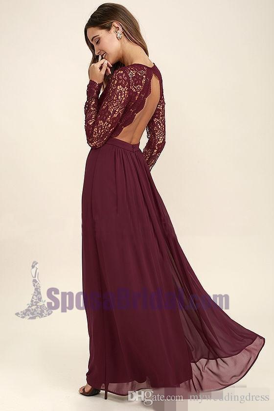 2019 Cheap Chiffon Lace top Long Sleeves Custom Most Popular Open Back Bridesmaid Dress , WG215 - SposaBridal