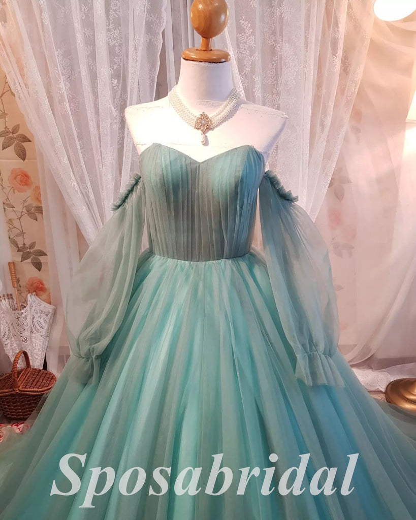 Elegant Tulle  V-Neck Long Sleeves A-Line Long Prom Dresses,PD3669