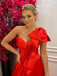 Red One-shoulder With Bow Tie Side-slit A-line Long Prom Dress, PD3381