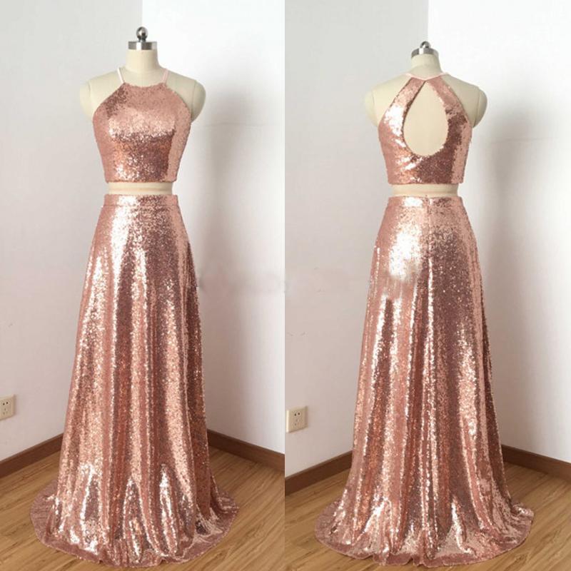 Charming Rose Gold Sequin Two Pieces Long Popular Fashion Prom Dress, SposaBridal Charming Rose Gold Sequin Two Pieces Long Popular Fashion Prom Dress, SposaBridal