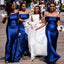 Royal Blue Off-shoulder Satin Mermaid Long Bridesmaid Dress, BD3256