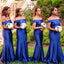 Royal Blue Off-shoulder Satin Mermaid Long Bridesmaid Dress, BD3256