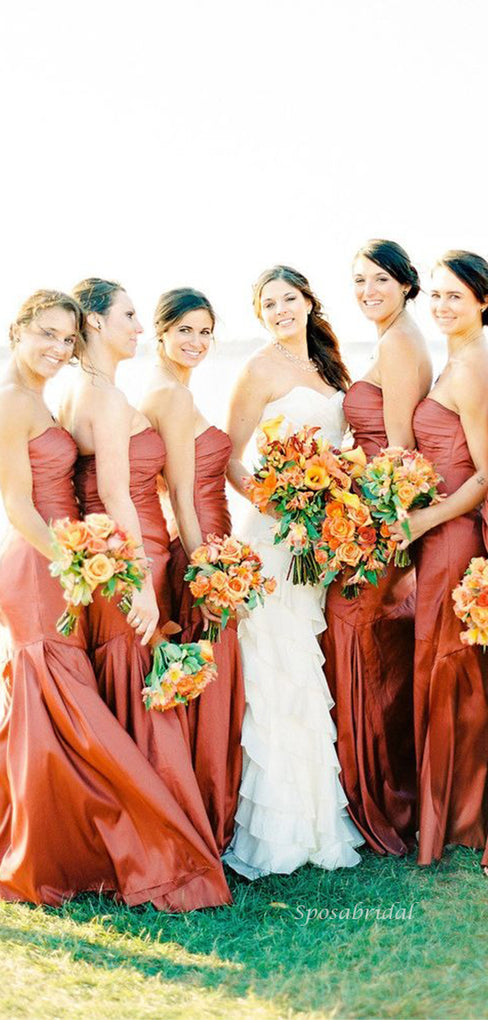 Rust Sexy Strapless Sweetheart Pleats Mermaid Long Bridesmaid Dresses, BD3280