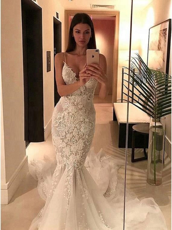 Luxury Spaghetti Straps Lace Mermaid Beach Long Wedding Dresses, WD0585