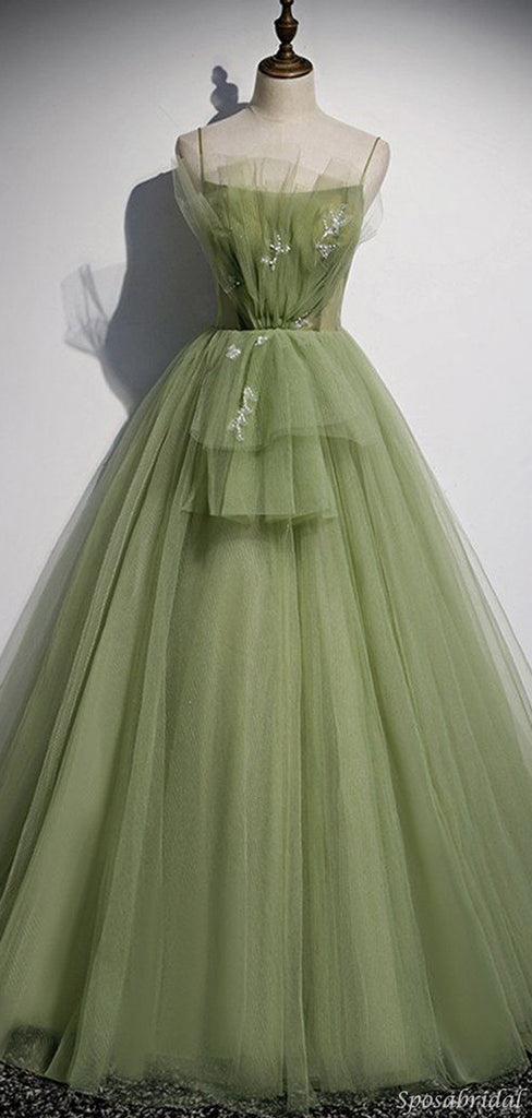 Sage Olive Green Spaghetti Strap Tulle Dream A-line Long Prom Dress, PD3116