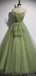 Sage Olive Green Spaghetti Strap Tulle Dream A-line Long Prom Dress, PD3116
