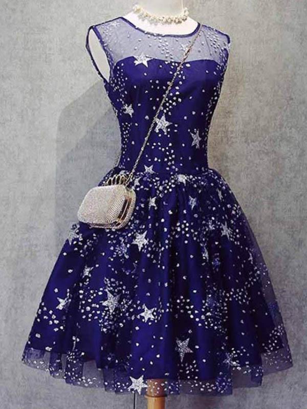 Blue Illusion Unique Cheap Short Homecoming Dresses 2018, CM552 - SposaBridal