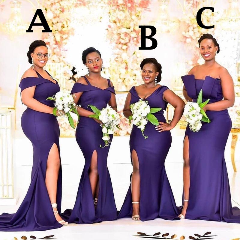 Sexy Deep Purple Mismatched Side-slit Mermaid Floor-length Bridesmaid Dress, BD3152