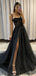 Sexy Black Spaghetti Straps Lace Top A-line Side-slit Sparkly Long Prom Dress, PD3297