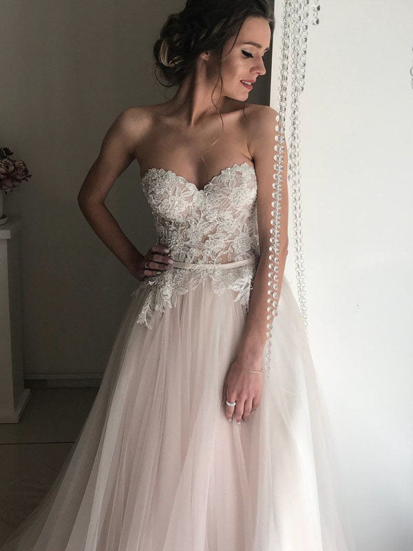Sexy Blush Pink Sweetheart Strapless Lace Top A-line Long Wedding Dress, WD3054