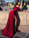 Sexy Burgundy Off-shoulder V-neck Long Sleeve Side-slit Long Prom Dress, PD1083