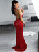 Sexy Dark Red Halter Open Back Mermaid Sequin Long Prom Dress, PD3509