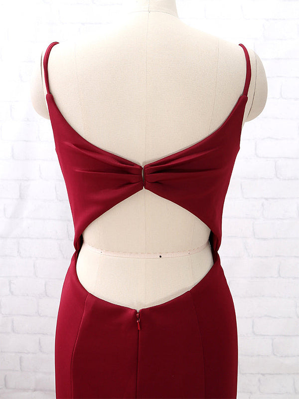 Sexy Dark Red Spaghetti Straps V-neck Mermaid Open Back Long Bridesmaid Dress, BD3254