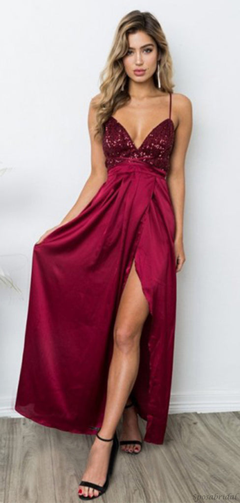 Sexy Dark Red Spaghetti Strap V-neck Sequin Top Side-slit A-line Long Prom Dress, PD3272