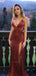 Sexy Dark Red V-neck Spaghetti Straps Side Slits Mermaid Long Prom Dress, PD3471