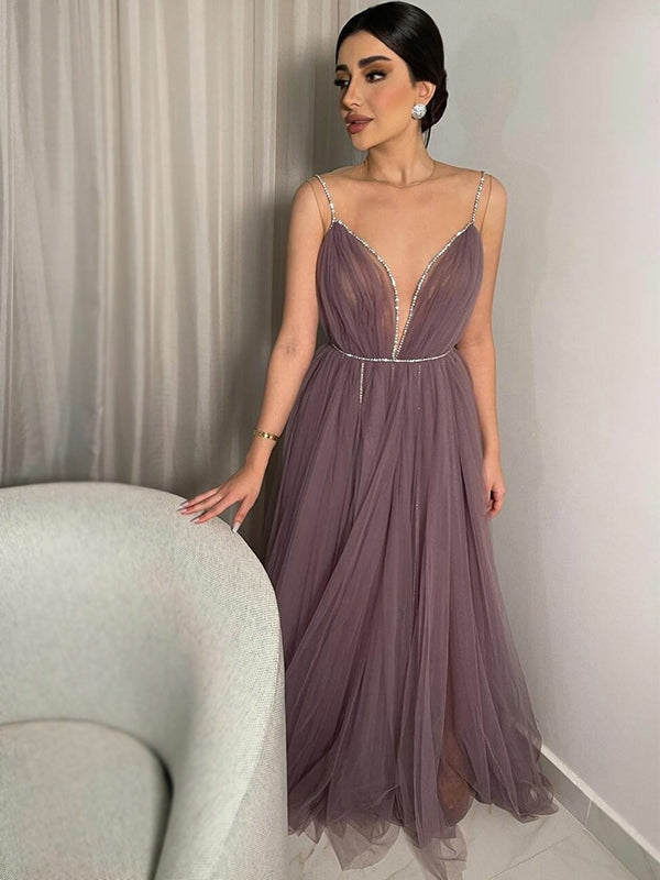 Sexy Elegant Dusty Purple V-neck Illusion A-line Long Prom Dress, PD3493