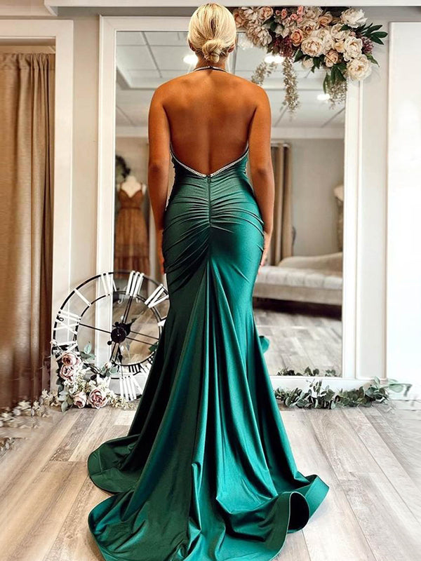 Sexy Emerald Halter Mermaid Open Back Long Prom Dress, PD3546