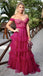 Sexy Fuschia Off-shoulder Sweetheart Ruffle Tulle A-line Long Prom Dress, PD3318