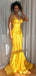 Sexy Gold Yellow Spaghetti Strap V-neck Mermaid Long Prom Dress, PD3160