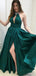 Sexy Halter Emerald Green Open Back A-line Side-slit Long Prom Dress, PD3268