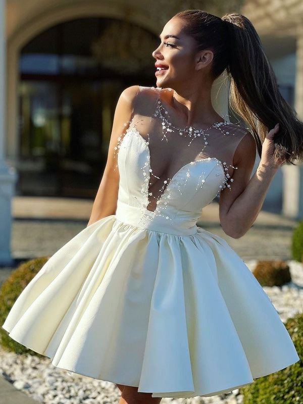 Sexy Illusion Sleeveless Ivory White Sweetheart A-line Beads Backless Short Homecoming Dress, HD3029