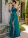 Sexy Lace Teal Green One-shoulder Side-slit A-line Long Prom Dress, PD3243