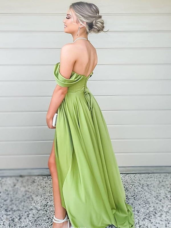 Sexy Lime Green Off-shoulder Sweetheart Ruffle Side-slit A-line Long Prom Dress, PD3397
