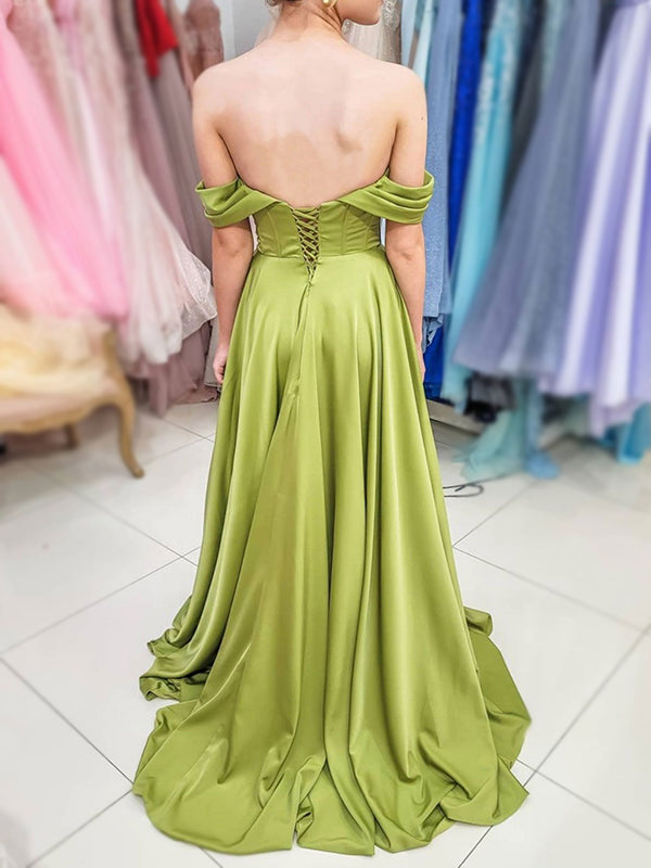 Sexy Lime Green Off-shoulder Sweetheart Ruffle Side-slit A-line Long Prom Dress, PD3397