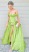 Sexy Lime Green Off-shoulder Sweetheart Ruffle Side-slit A-line Long Prom Dress, PD3397