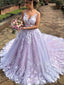 Sexy Luxury Pink Illusion Lace Backless A-line Long Train Wedding Dress, WD3050