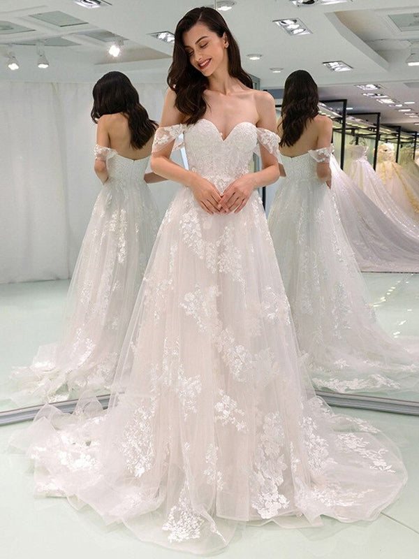Sexy Off-shoulder Sweetheart Full Appliques Long A-line Wedding Dress, WD3048