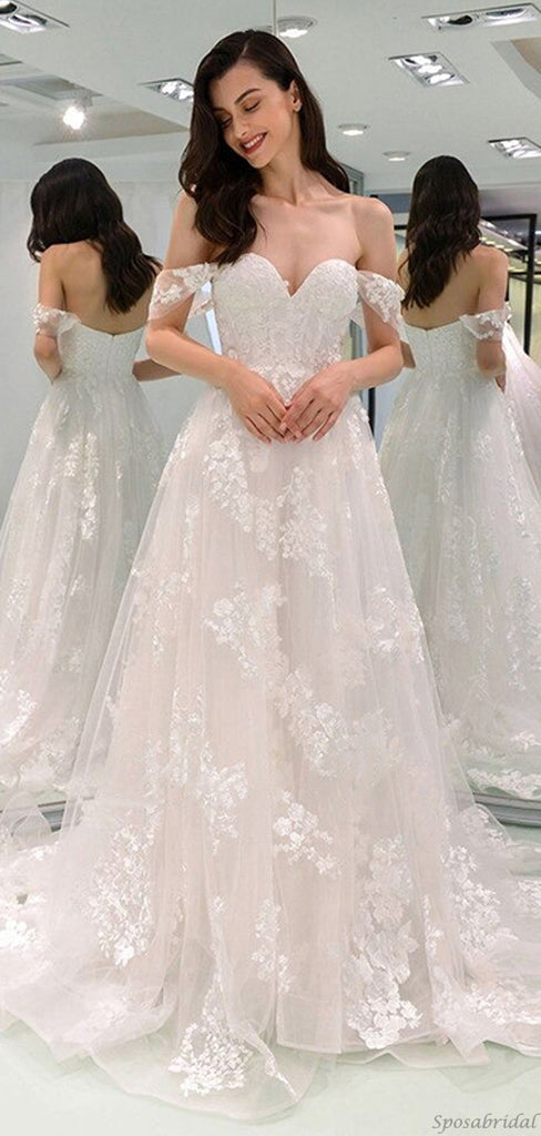 Sexy Off-shoulder Sweetheart Full Appliques Long A-line Wedding Dress, WD3048