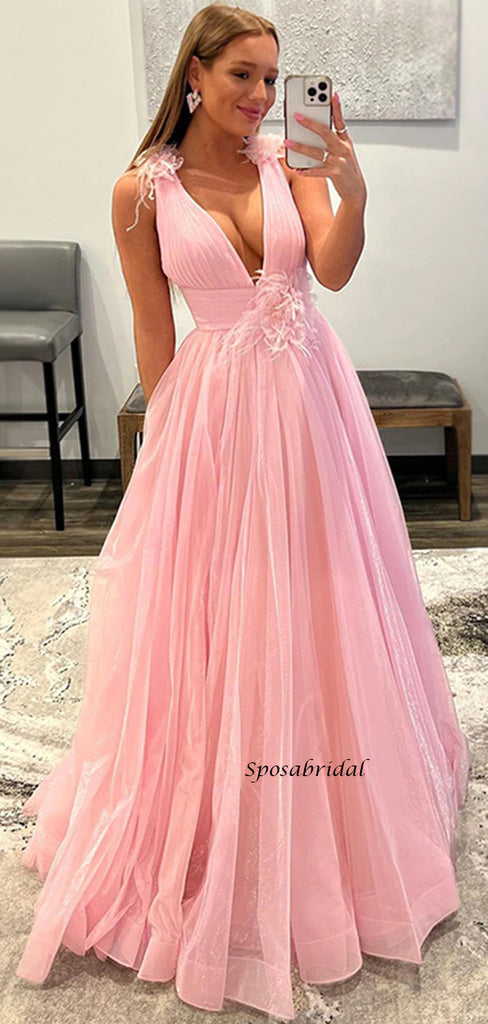 Sexy Pink Deep V-neck Spaghetti Straps A-line Half-open Back Long Prom Dress, PD3502