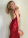 Sexy Red Spaghetti Straps V-neck Lace Top Sequin Side-slit Mermaid Long Prom Dress, PD3481