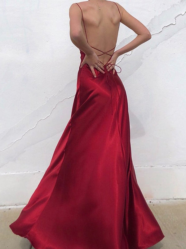 Sexy Red Spaghetti Straps V-neck Open Back A-line Long Prom Dress, PD3580