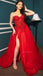 Sexy Red Strapless Sweetheart Lace Top Side-slit A-line Long Prom Dress, PD3383