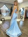 Sexy Sky Blue V-neck Lace Top Hollow Back Mermaid Long Prom Dress, PD3477