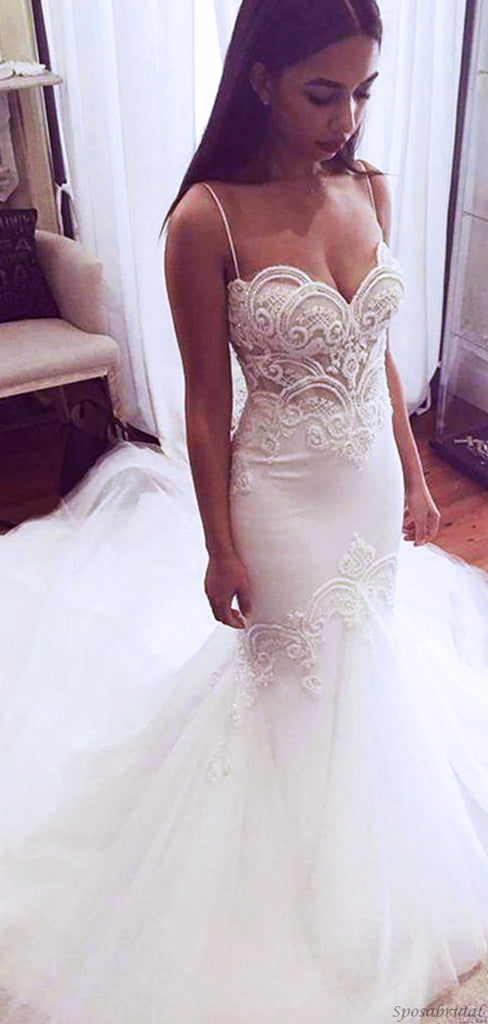 Sexy Spaghetti Straps Sweetheart Lace Top Mermaid Trumpet Long Train Wedding Dress, WD3079