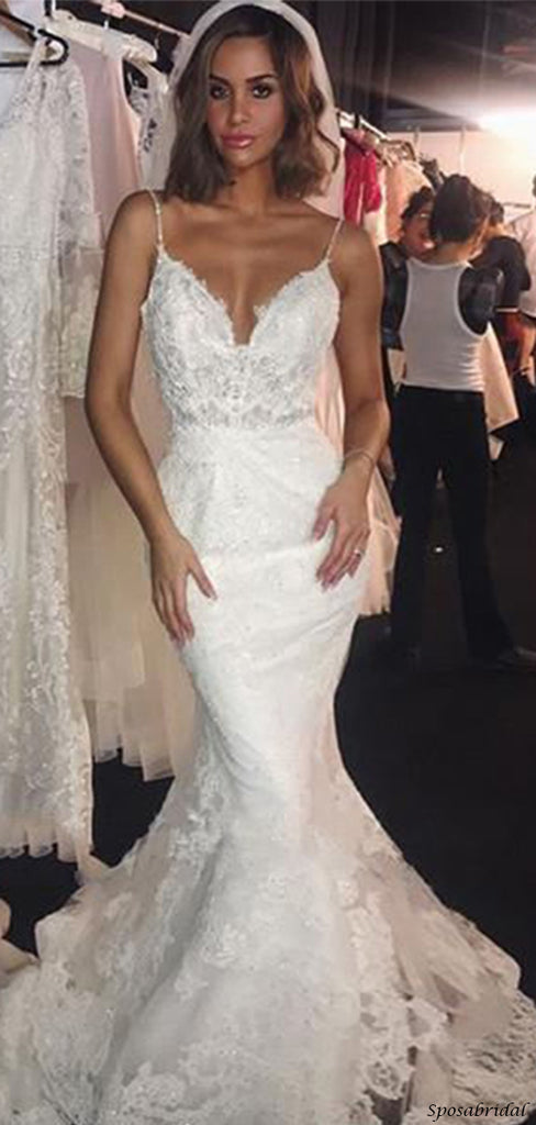 Sexy Spaghetti Strap V-neck Lace Open-back Long Tail Mermaid Wedding Dress, WD3066