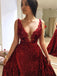 Sexy Sparkly Dark Red Spaghetti Straps V-neck Mermaid Detachable Long Prom Dress, PD3430