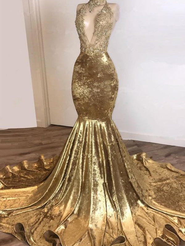Sexy Sparkly Silver Gray Halter Lace Mermaid Long Prom Dresses, PD0998