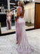 Sexy Sparkly Lilac V-neck Feather Side-slit Mermaid Long Prom Dress, PD3536