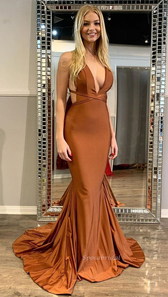 Burnt Orange Sexy V-neck Halter Open Back Mermaid Long Prom Dress, BD3253