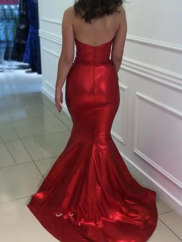 Shiny Sexy Red Strapless Tight Sweetheart Mermaid Long Prom Dress, PD3443