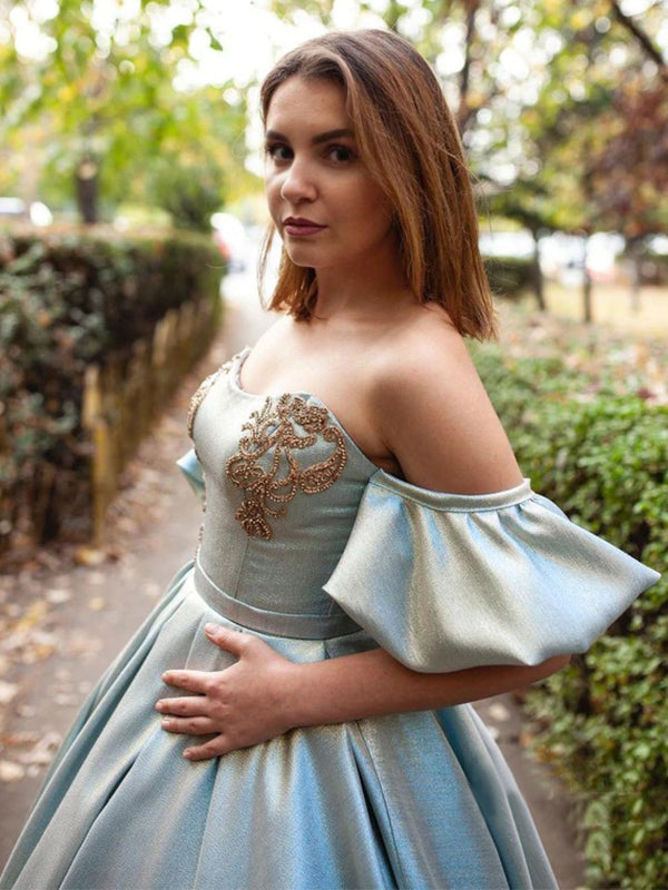Silver Off-shoulder Princess Lace Top A-line Long Prom Dress, PD3480
