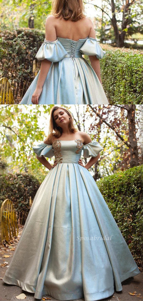 Silver Off-shoulder Princess Lace Top A-line Long Prom Dress, PD3480
