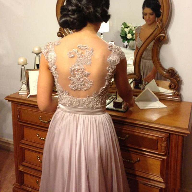 Sparkly Lace Top Dusty Pink Cap-sleeve V-neck A-line Tulle Bridesmaid Dress, BD3064