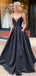 Simple Sexy Black Spaghetti-straps V-neck Beads A-line Long Peom Dress, PD3258