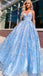 Sky Blue Spaghetti Straps Sweetheart Floral Lace A-line Long Prom Dress, PD2355